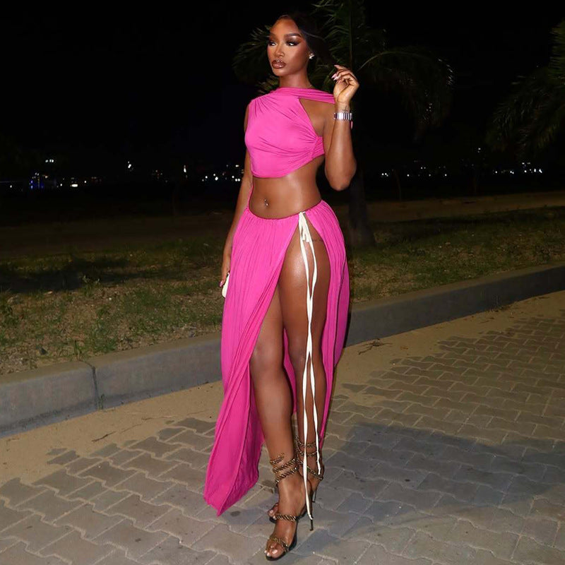 Nashville Solid Color Hollow Out Cutout Stitching Cropped Side Tied Maxi Dress