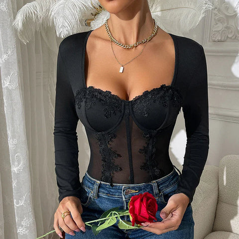 Laffayette Lace Stitching Black Boning Corset Sheer Long Sleeve Tops