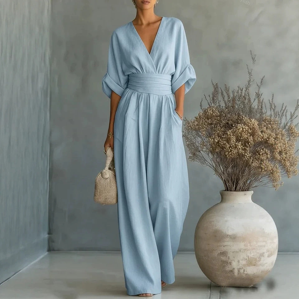 Spring Summer Elegant Tight Waist V neck Elegant Women Jumpsuit