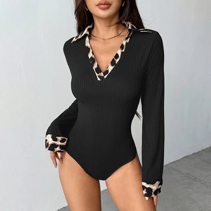 Pleasantville Stitching Leopard Print Collared Knitted Top