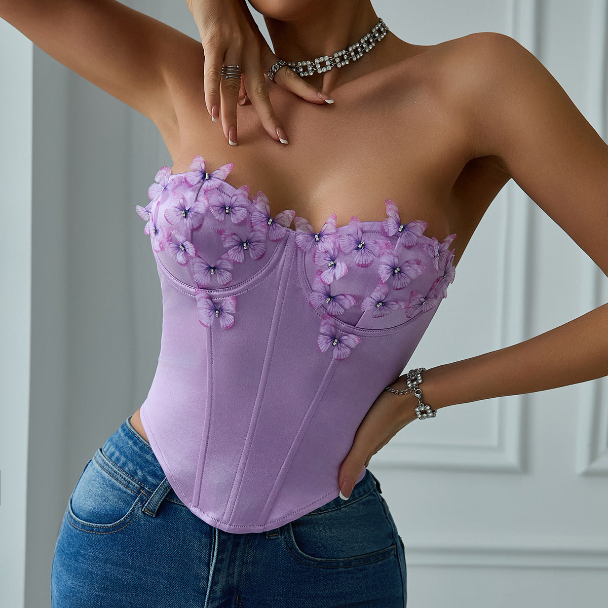Sexy Low Cut Satin Butterfly Corset