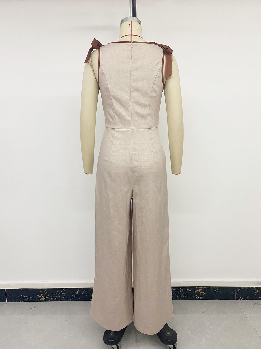 Casual Simple Linen like Contrast Color Shoulder Strap Wide Leg Jumpsuit