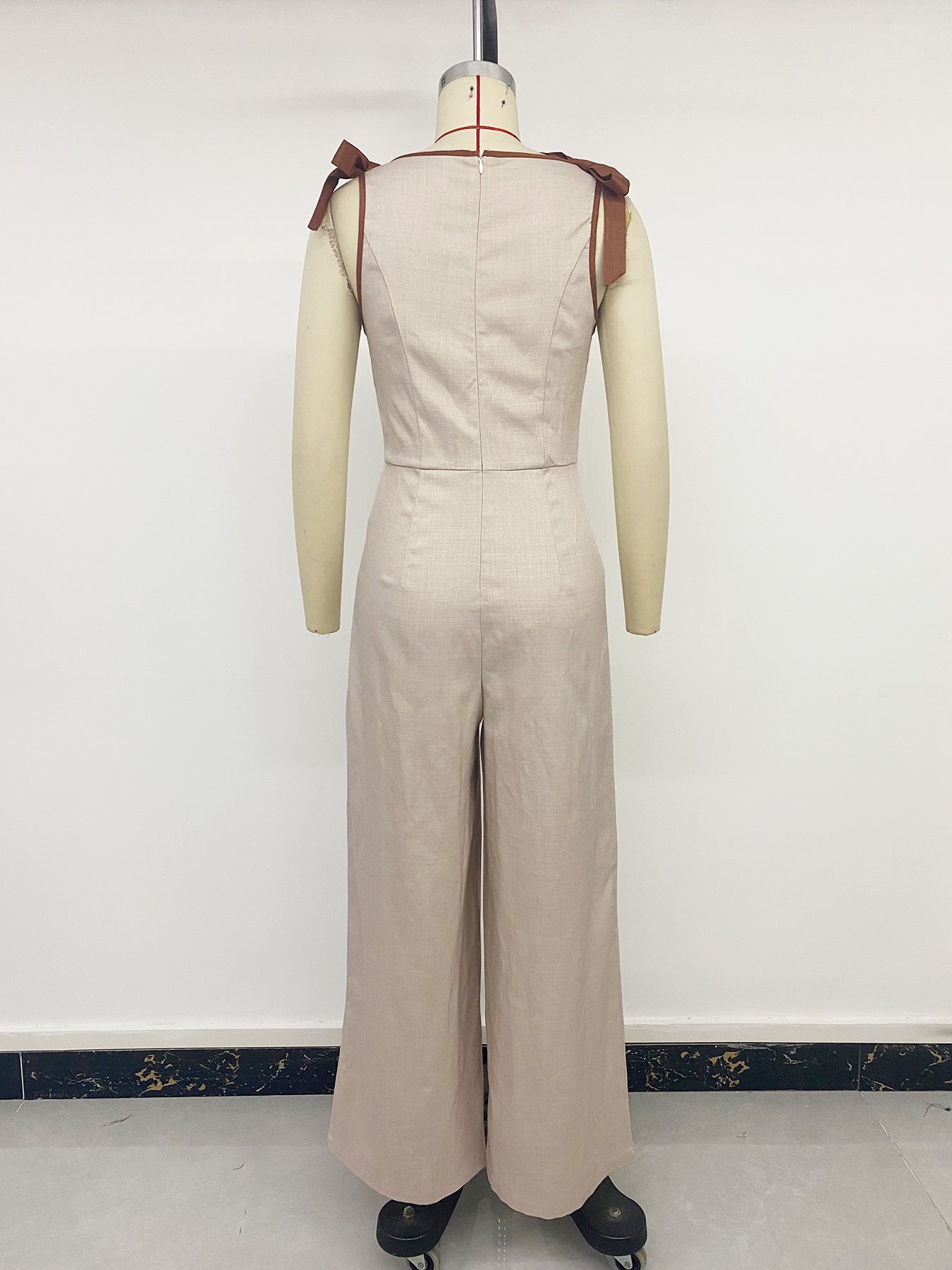 Casual Simple Linen like Contrast Color Shoulder Strap Wide Leg Jumpsuit