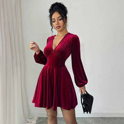 Ponce Retro Socialite Wine Red Velvet V neck Lantern Sleeve Slim Mini Dress