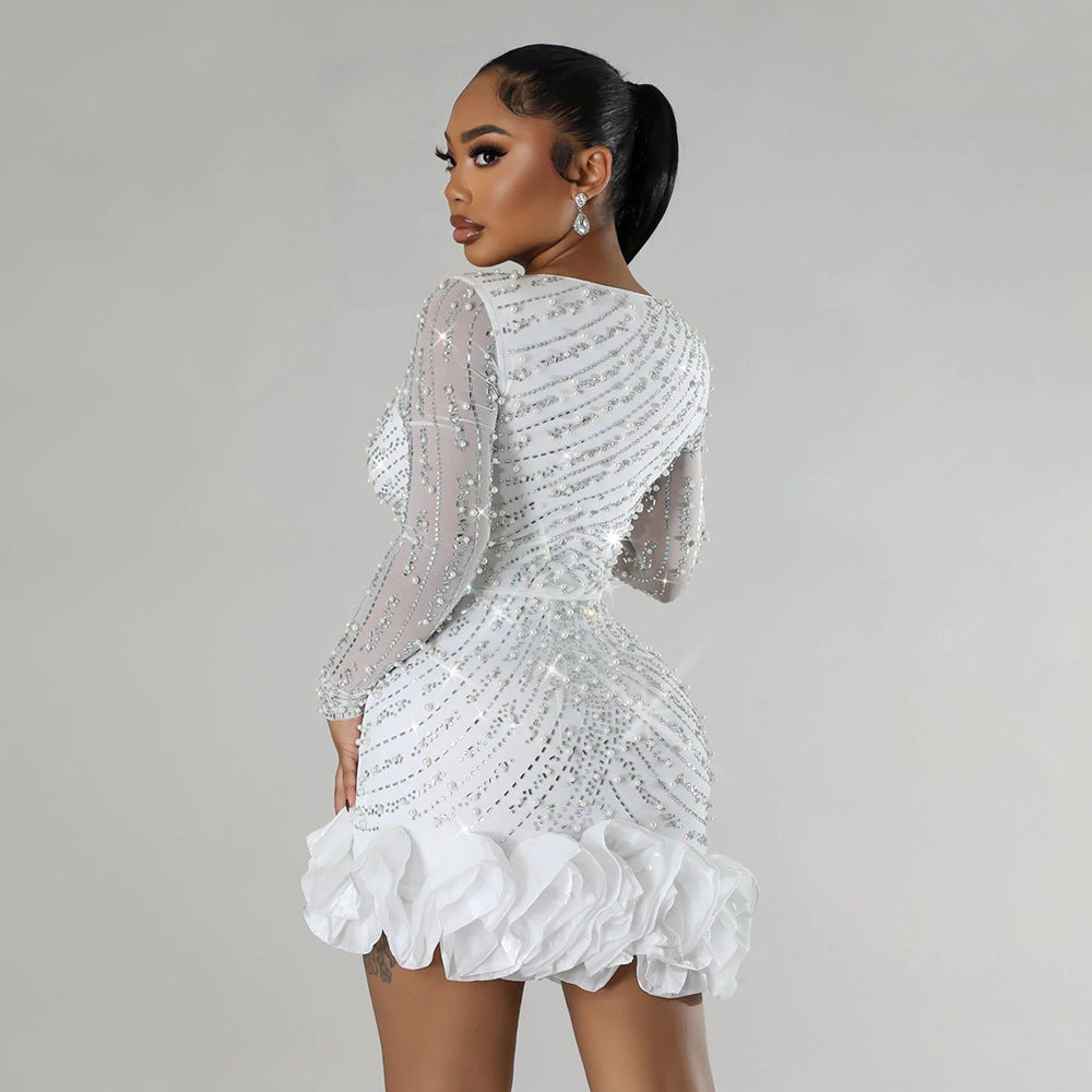 Fayetteville Drilling Bubble Beads Long Sleeve Square Collar Mini Dress