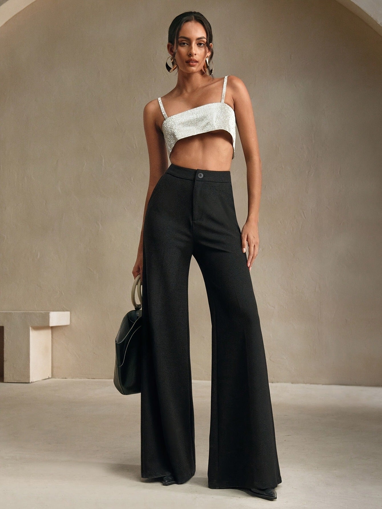 Neat Office Wide Leg High Grade Light Luxury Women Pants Straight High Waist Black Casual Draping Polyester Work Pant