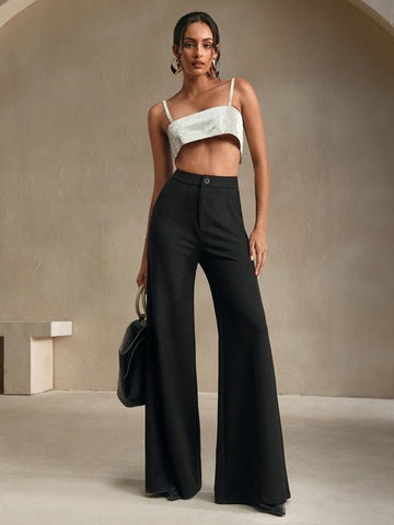 Neat Office Wide Leg High Grade Light Luxury Women Pants Straight High Waist Black Casual Draping Polyester Work Pant