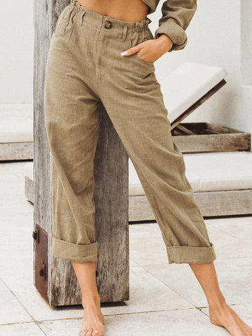 Women Clothing Summer Solid Color Cotton Linen Loose High Waist Casual Trousers
