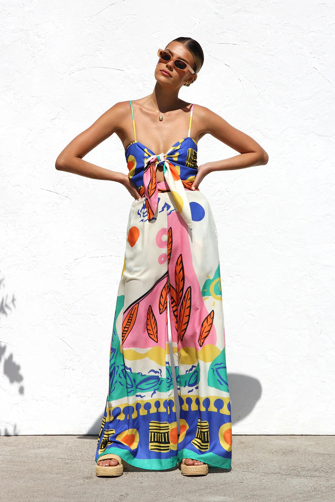 Spring Summer Printed Waist Controlled Smocking Strap Knotted Wide Leg Straight Jumpsuit