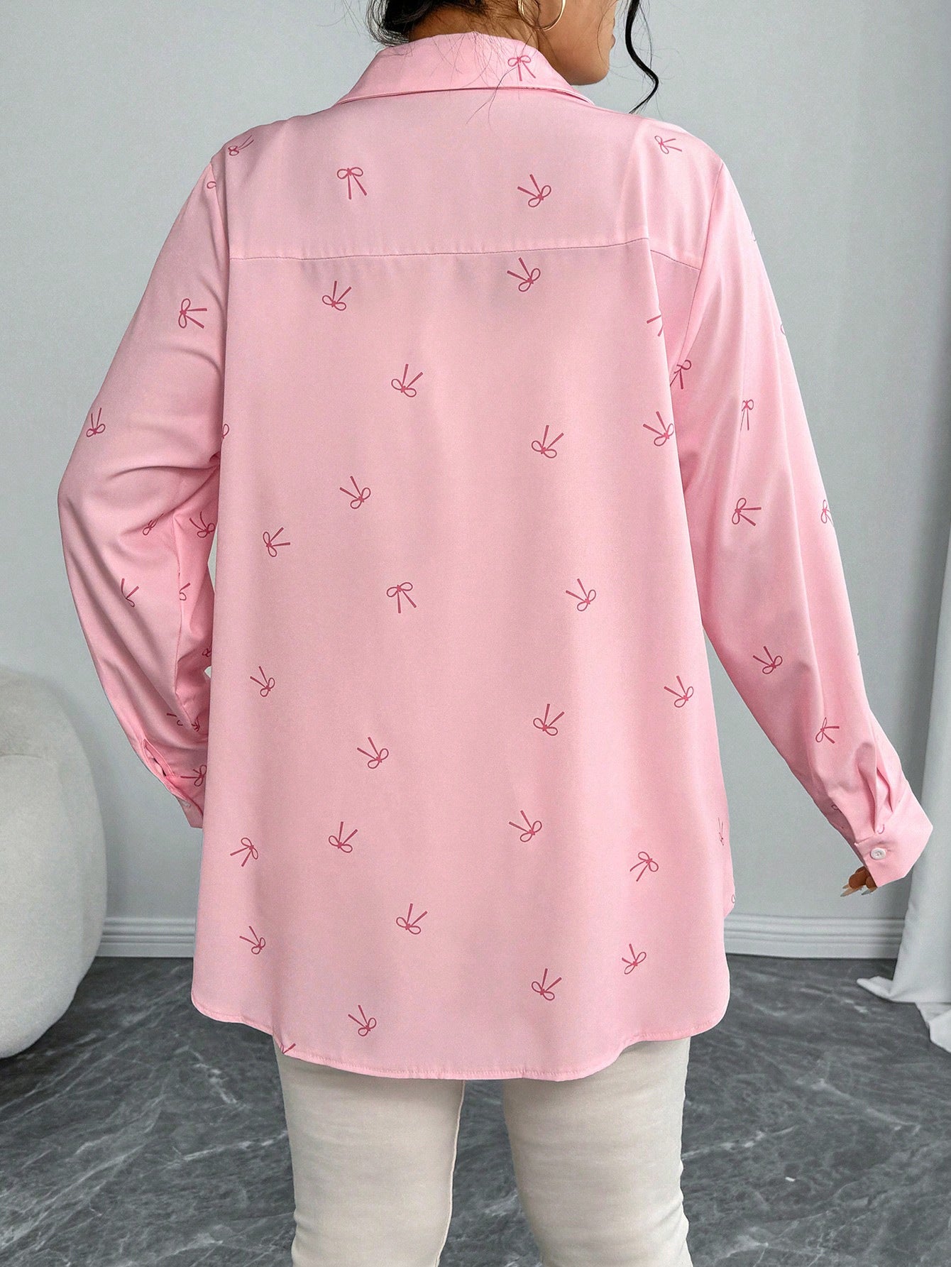 Plus Size Arrival Women Shacket Bow Print Long Sleeve Casual Shirt Autumn Loose