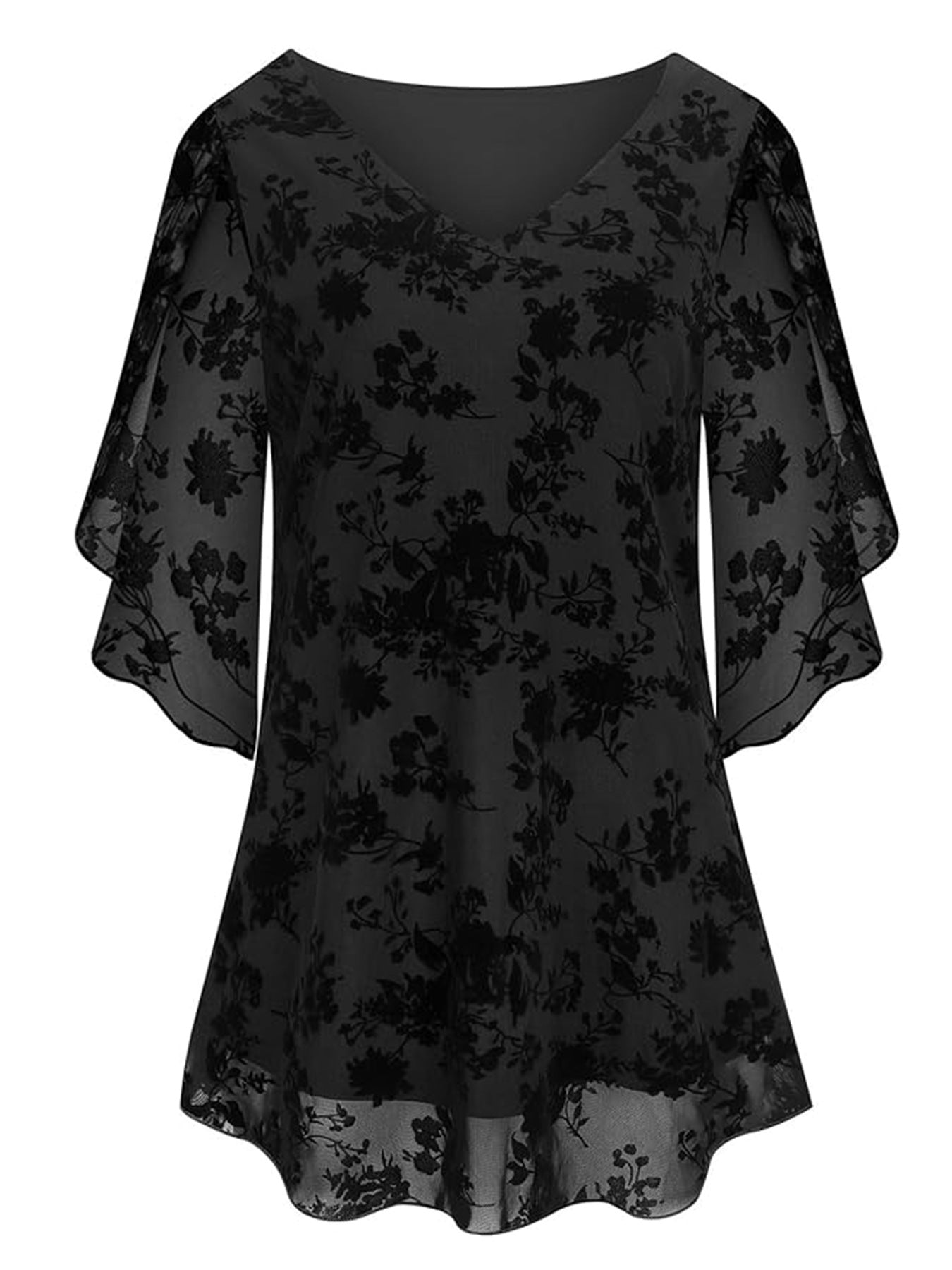 Double Layer Flocking Elastic Mesh Women Summer 3/4 Flare Sleeve Waist V neck Top