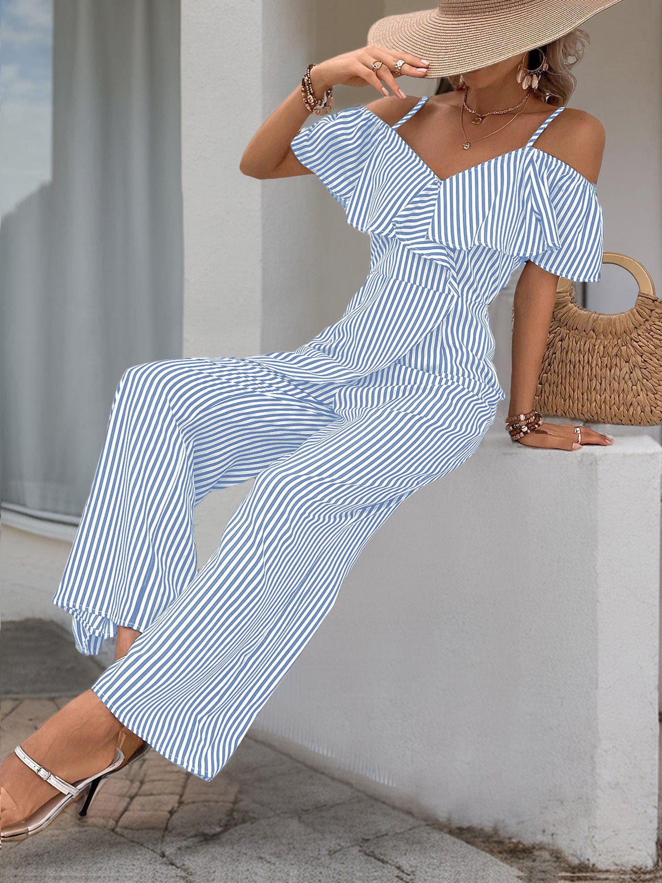 Pants Summer Striped Spaghetti Straps Wide Leg Jumpsuit Women