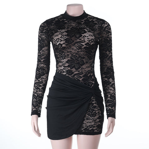 Battery Park Sexy See through Hollow Cutout round Neck Long Sleeve Narrow Dress