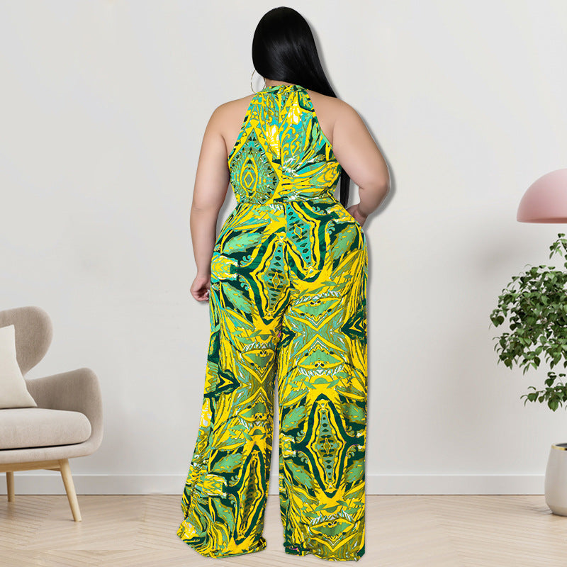Plus Size Women Clothes Printing Collar Jumpsuit