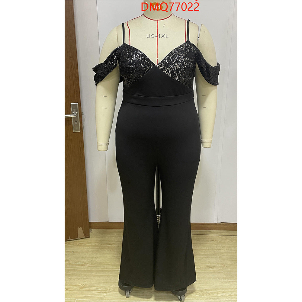 Plus Size Spring Sexy Jumpsuit Plump Girls Slim Fitting Patchwork Sequined Jumpsuit