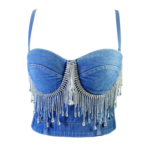Slim Corset Stitching Rhinestone Tassel Beaded