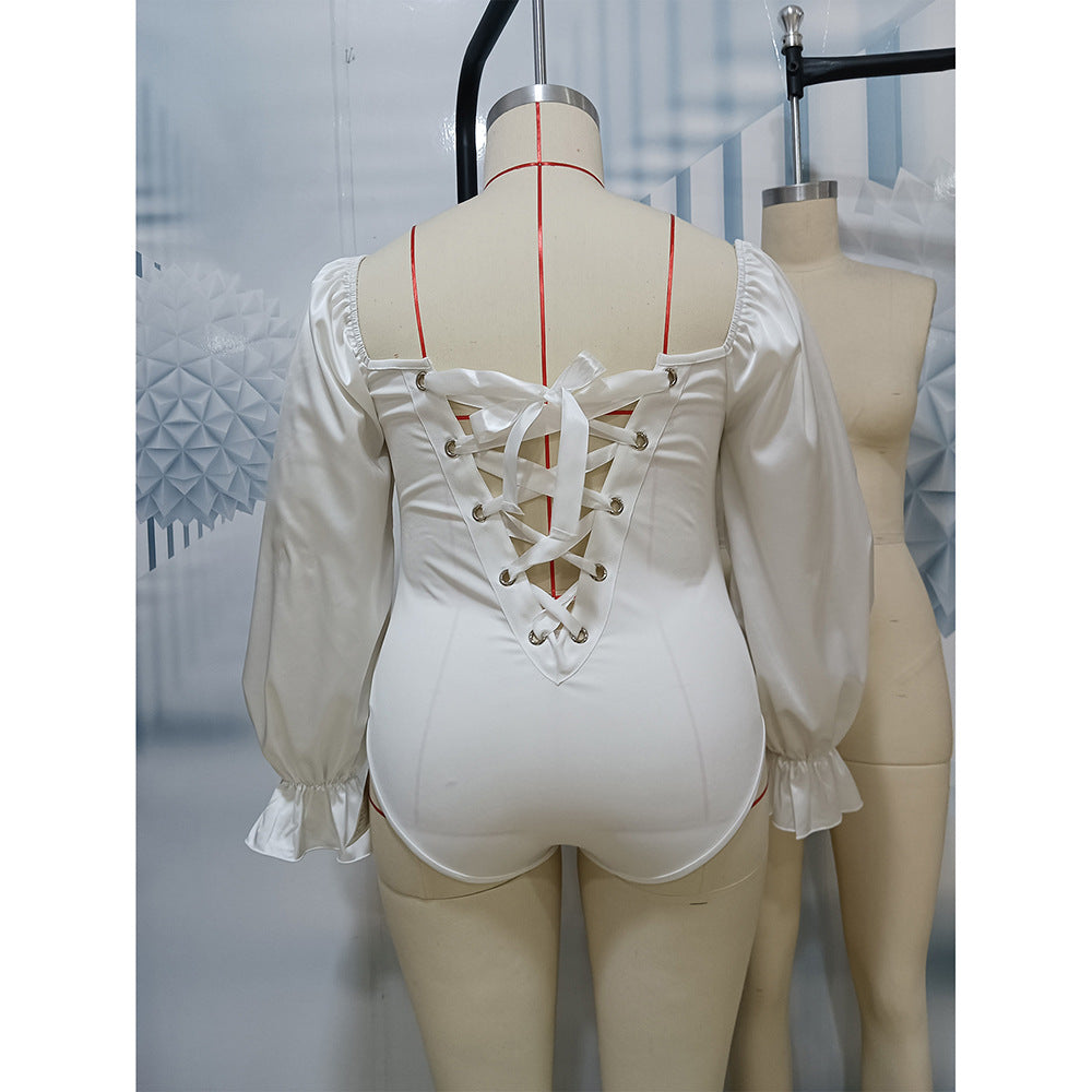 Plus Size Women Clothes Square Collar Long Sleeve Pure White Slim Fit Backless Tied Jumpsuit