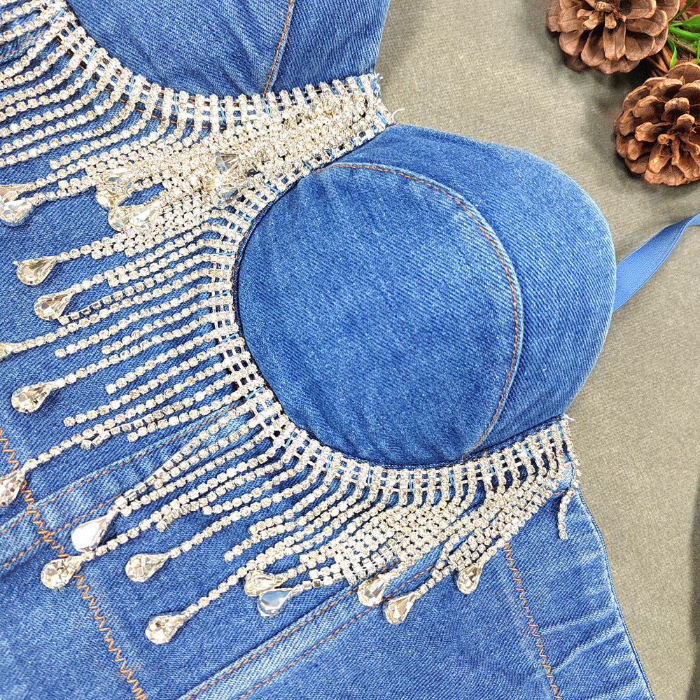 Slim Corset Stitching Rhinestone Tassel Beaded