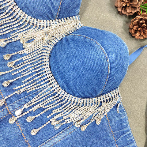 Slim Corset Stitching Rhinestone Tassel Beaded
