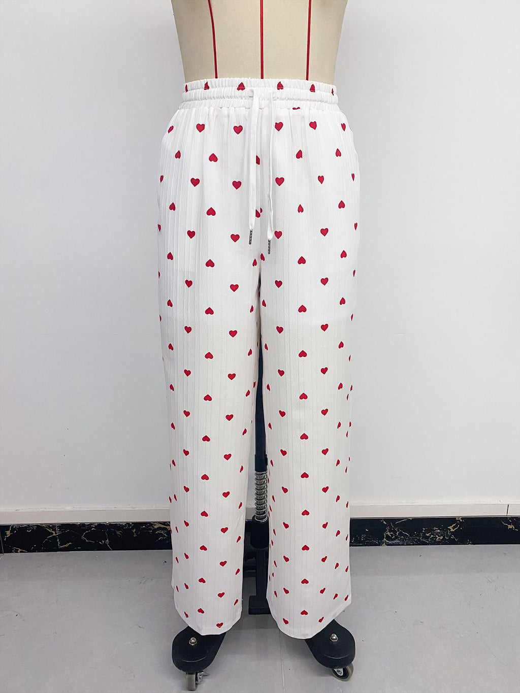 Women Long Pants Straight Lace up Love Pattern Casual Wide Leg Pants Summer