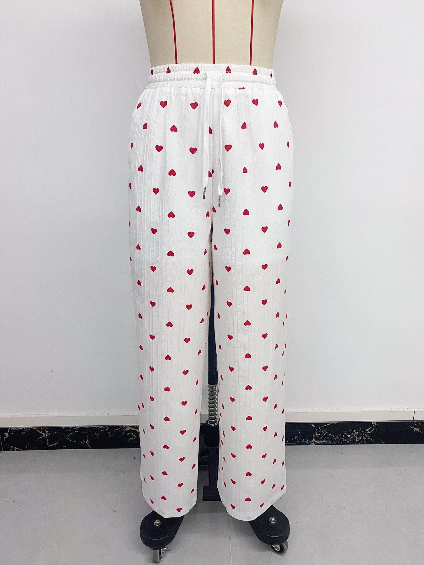 Women Long Pants Straight Lace up Love Pattern Casual Wide Leg Pants Summer
