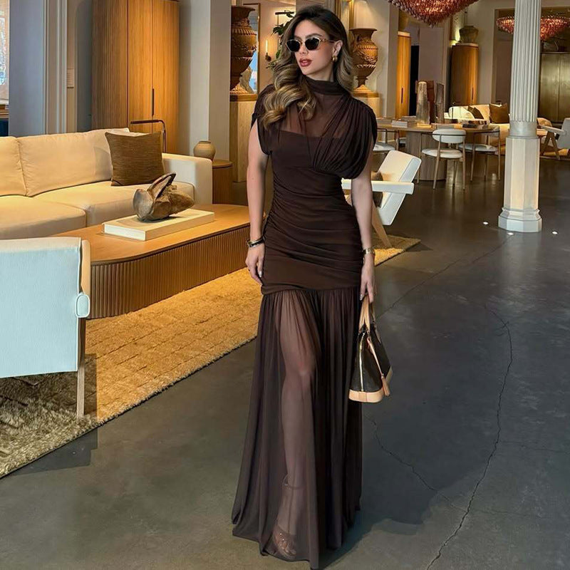 El Seibo Sexy Socialite Tight Waist Close Fitting Stitching Gauzy Hip Maxi Dress