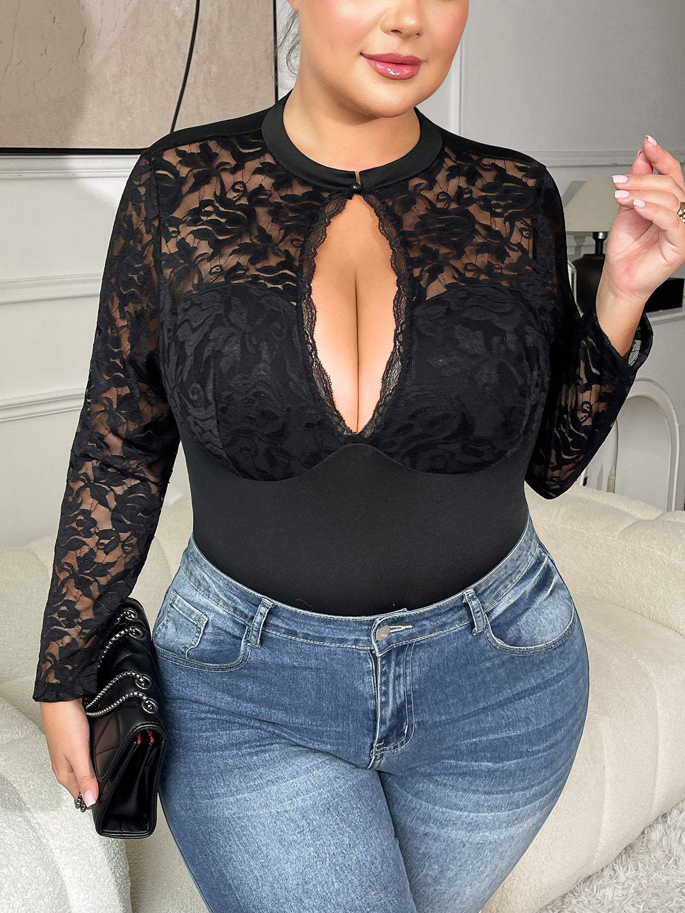 Plus Size Arrival Lace One Piece Underwear See through Sexy Open Crotch Jumpsuit Hollow Out Cutout out Outdoor All Matching