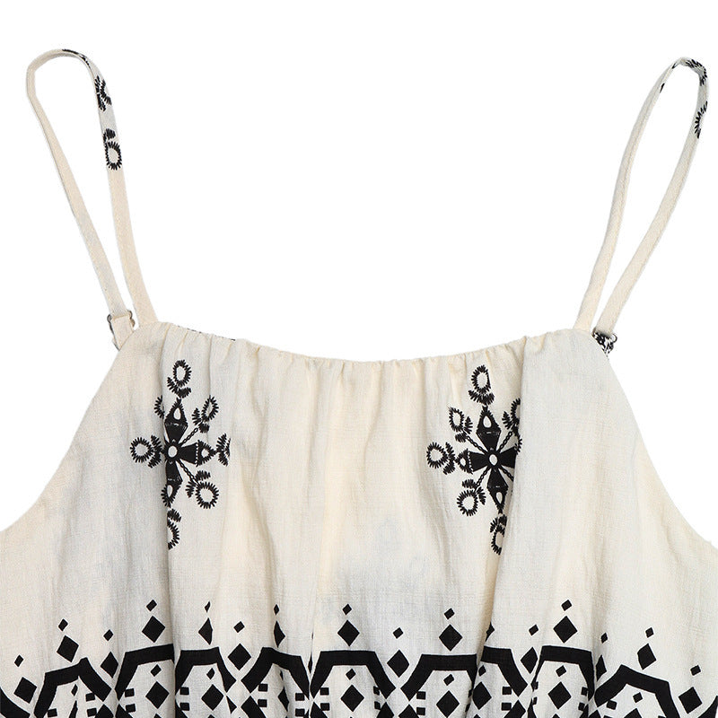 Summer Ethnic Vacation Spaghetti Strap Floral Print Fitted Waist Jumpsuit
