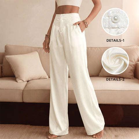Elegant Affordable Luxury Solid Color Lace Stitching Satin Wide Leg Pants