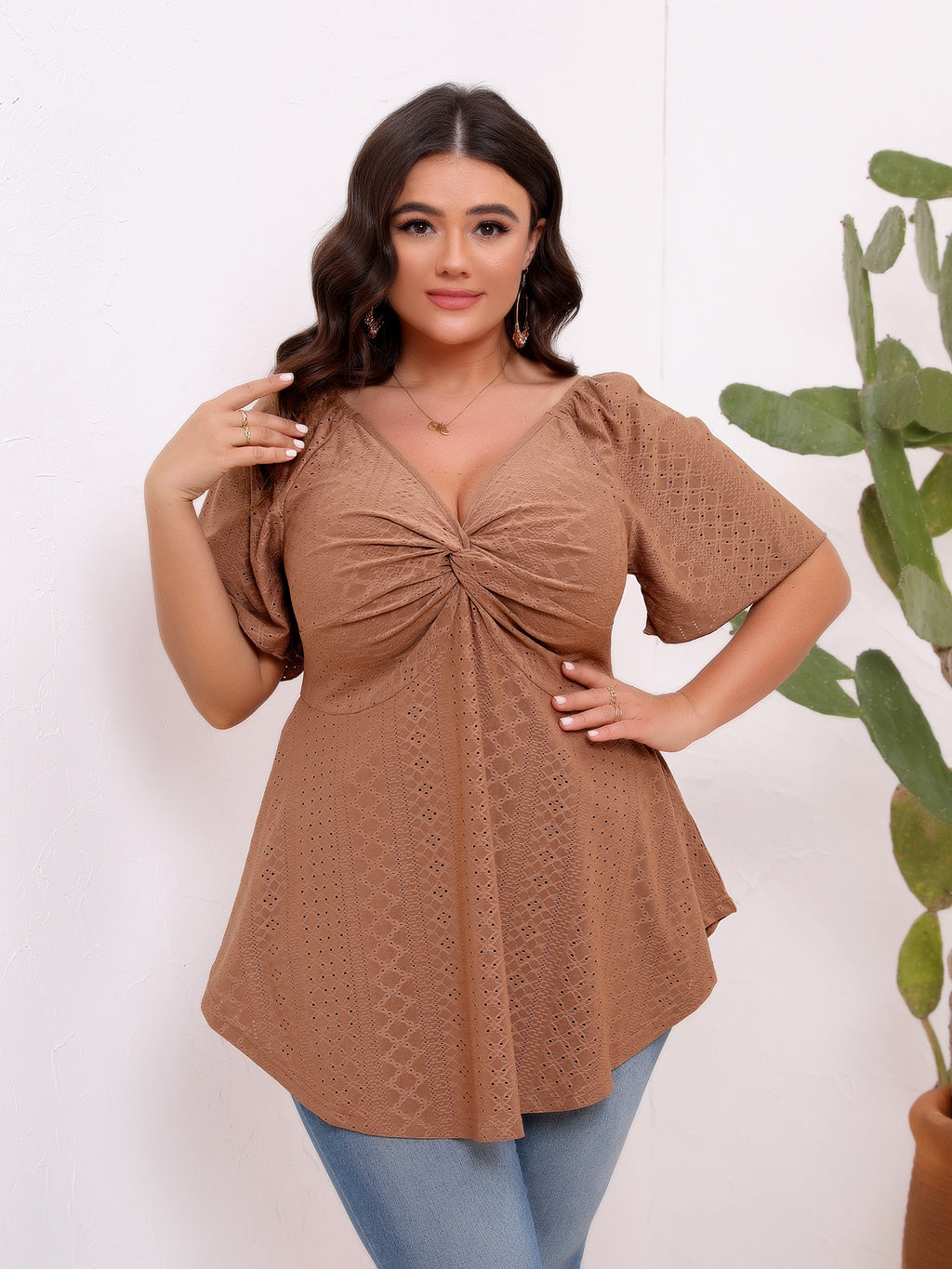 Plus Size Solid Color Hollow Out Cutout-out Front Chest Twisted Waist V-neck Short Sleeve Large Swing Top