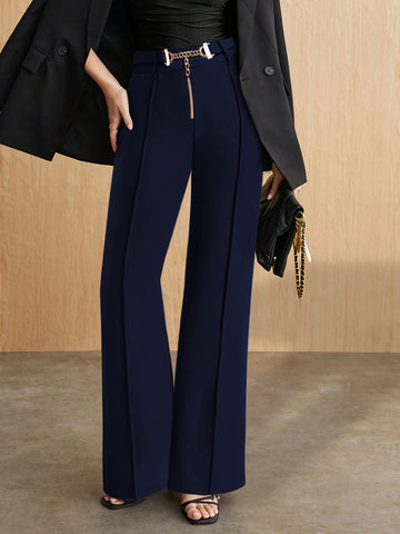 Popular Metallic Belt Matching High Waist Straight Pants Spring Autumn Black High Grade Draping Work Pant Women