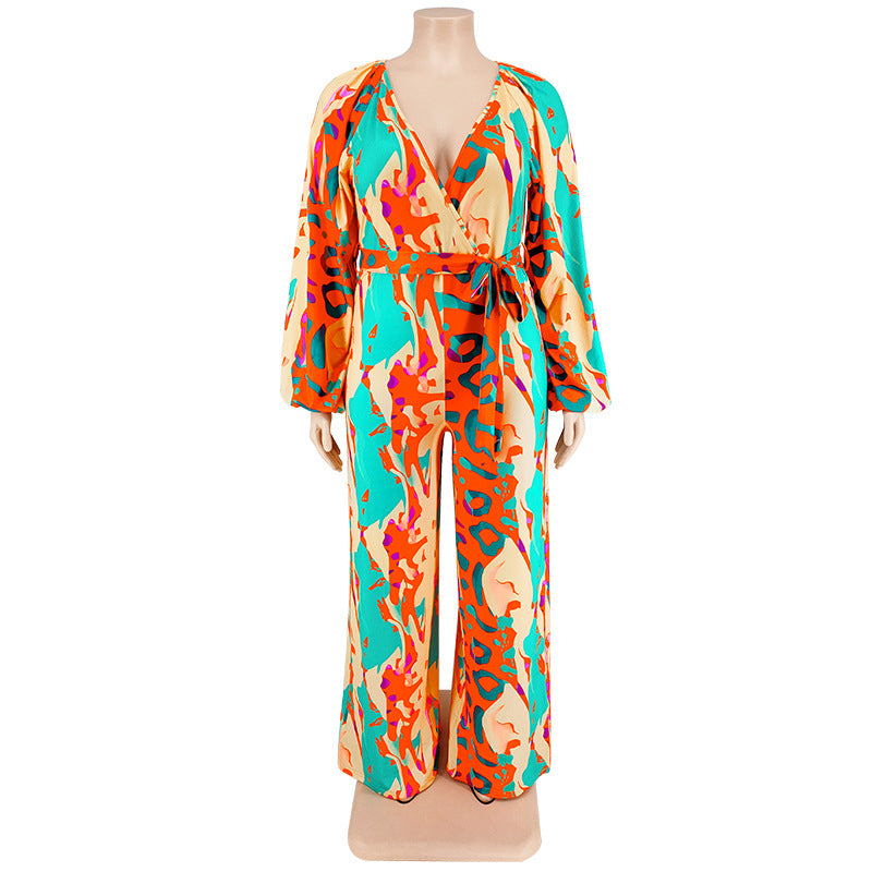 plus Size Women Clothing Autumn Printed Sexy off the Shoulder Long Sleeve Jumpsuit