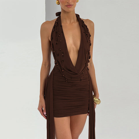 Villa Aura Water Drop Decorative Ribbon Sexy V neck Halter Backless Sheath Dress