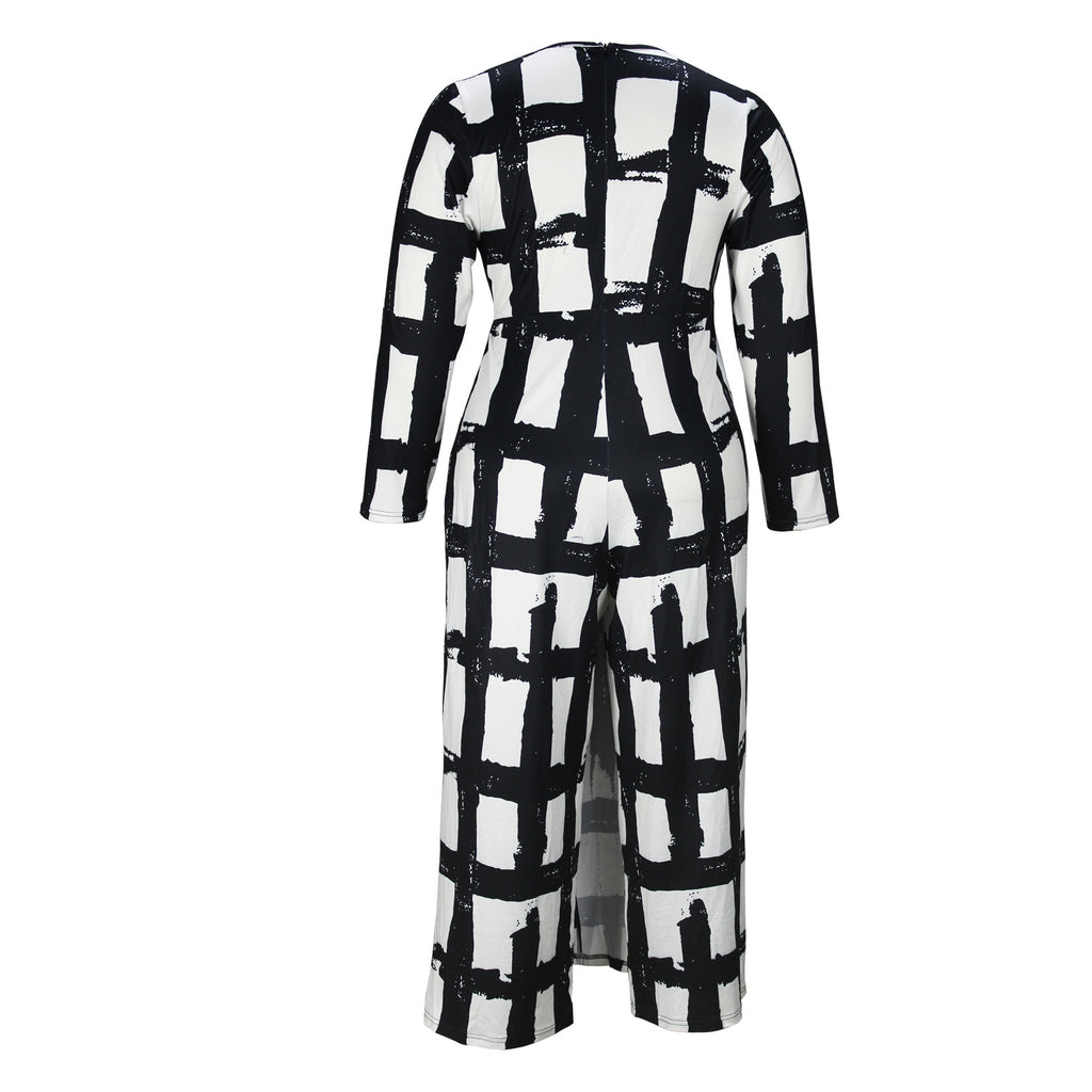 Plus Size Women Clothing V Neck Elements Printed Long Sleeve Loose Jumpsuit
