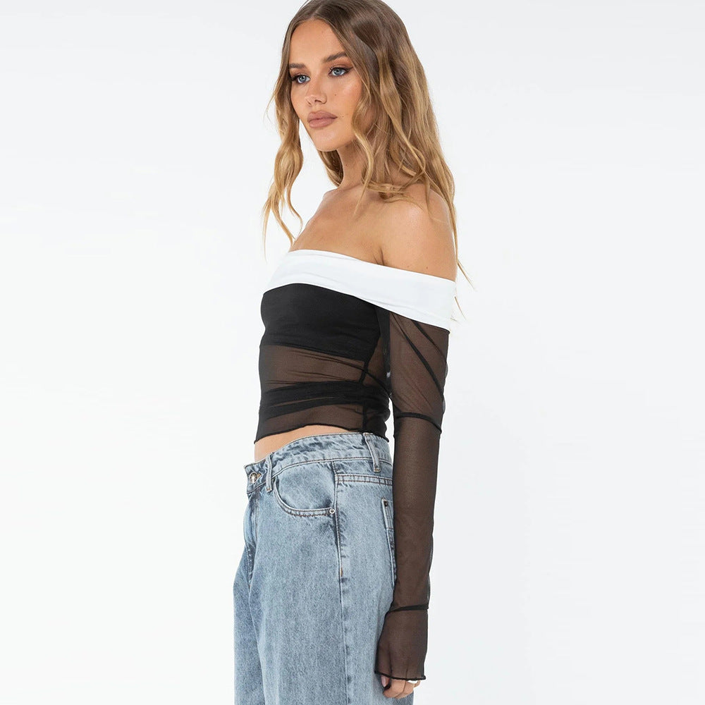 Autumn Contrast off Neck Sheer Long Sleeve