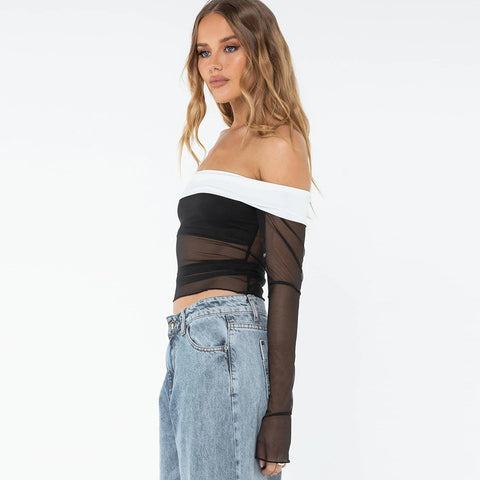 Autumn Contrast off Neck Sheer Long Sleeve