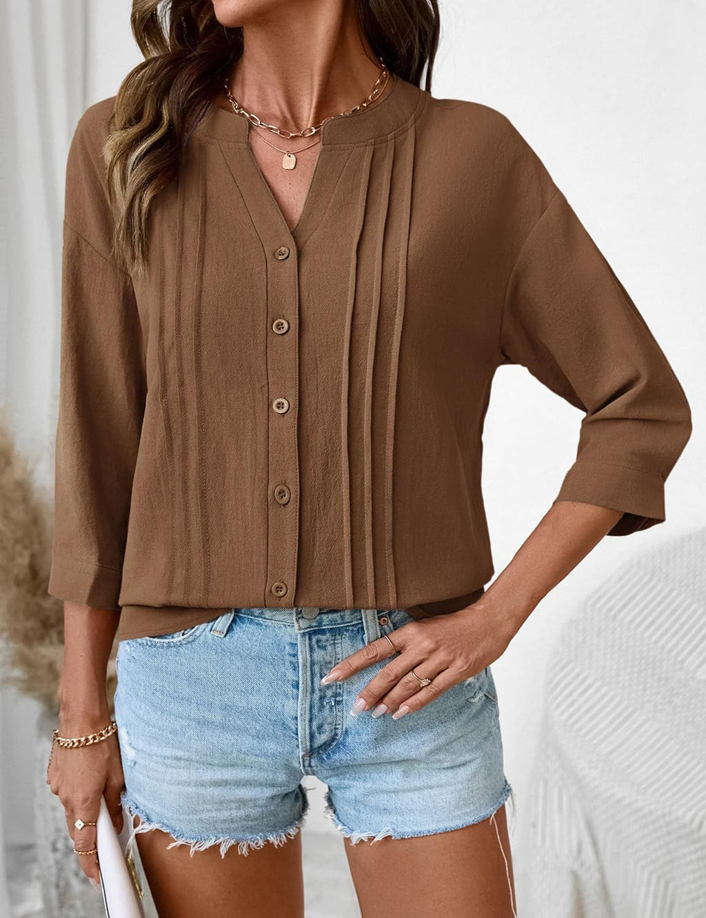 Casual Solid Color Half Open Collar Single Breasted Pleated Cropped Sleeve Top