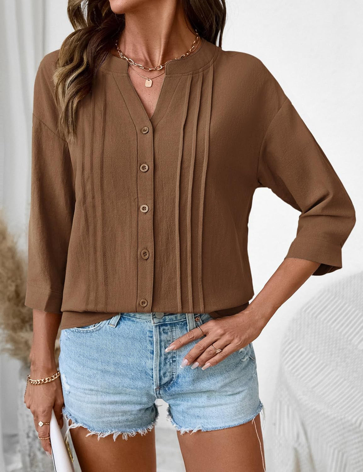 Casual Solid Color Half Open Collar Single Breasted Pleated Cropped Sleeve Top
