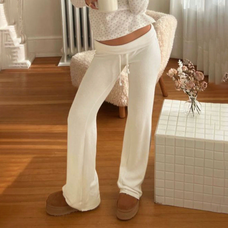 Spring Summer Street Outdoor Home Casual Pants Waist Lace up Smooth Straight Leg Trousers