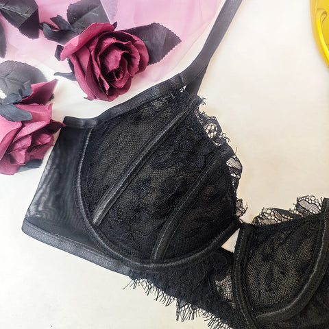 Black Sexy Lace Eyelash Steel Ring Bra