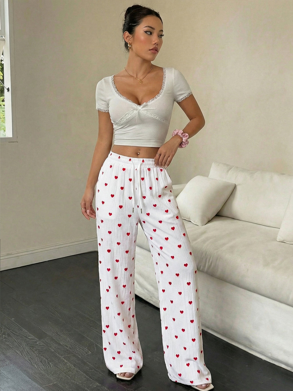 Women Long Pants Straight Lace up Love Pattern Casual Wide Leg Pants Summer