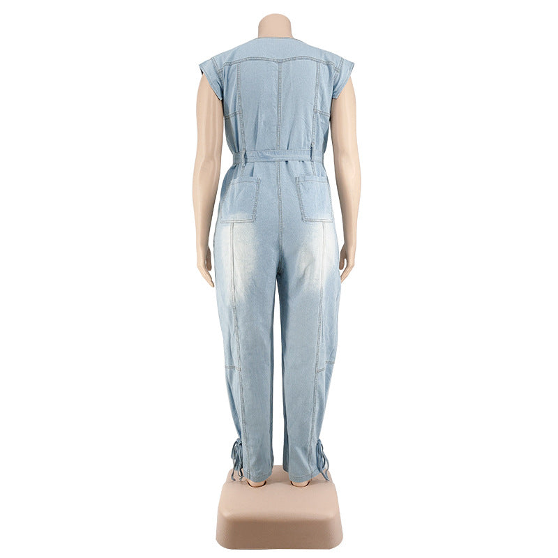 Plus Size Women Clothing Autumn New Denim Sleeve Wash Jumpsuit Trousers Sexy New
