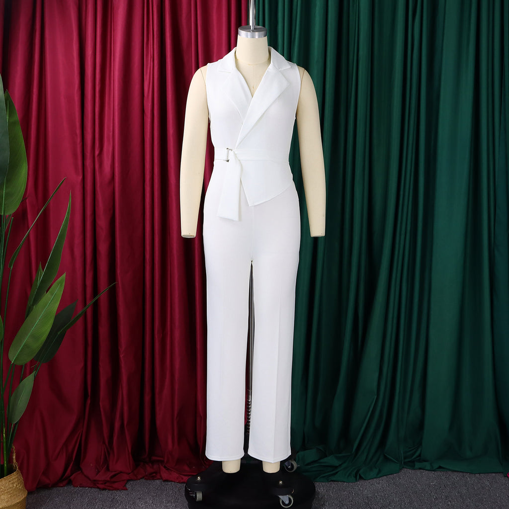Summer Solid Color Sleeveless Collar Lace up Wide Leg Pants Jumpsuit