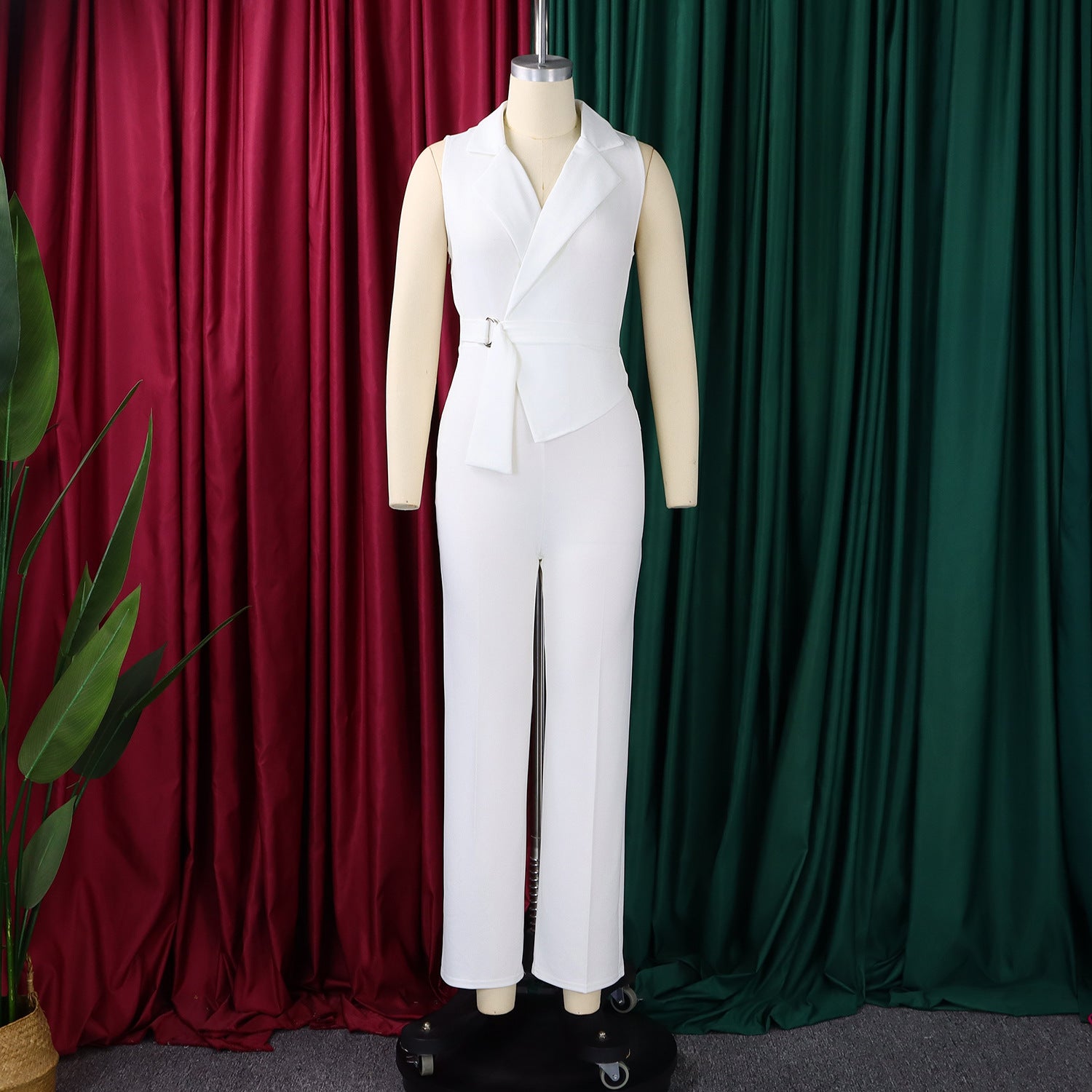 Summer Solid Color Sleeveless Collar Lace up Wide Leg Pants Jumpsuit