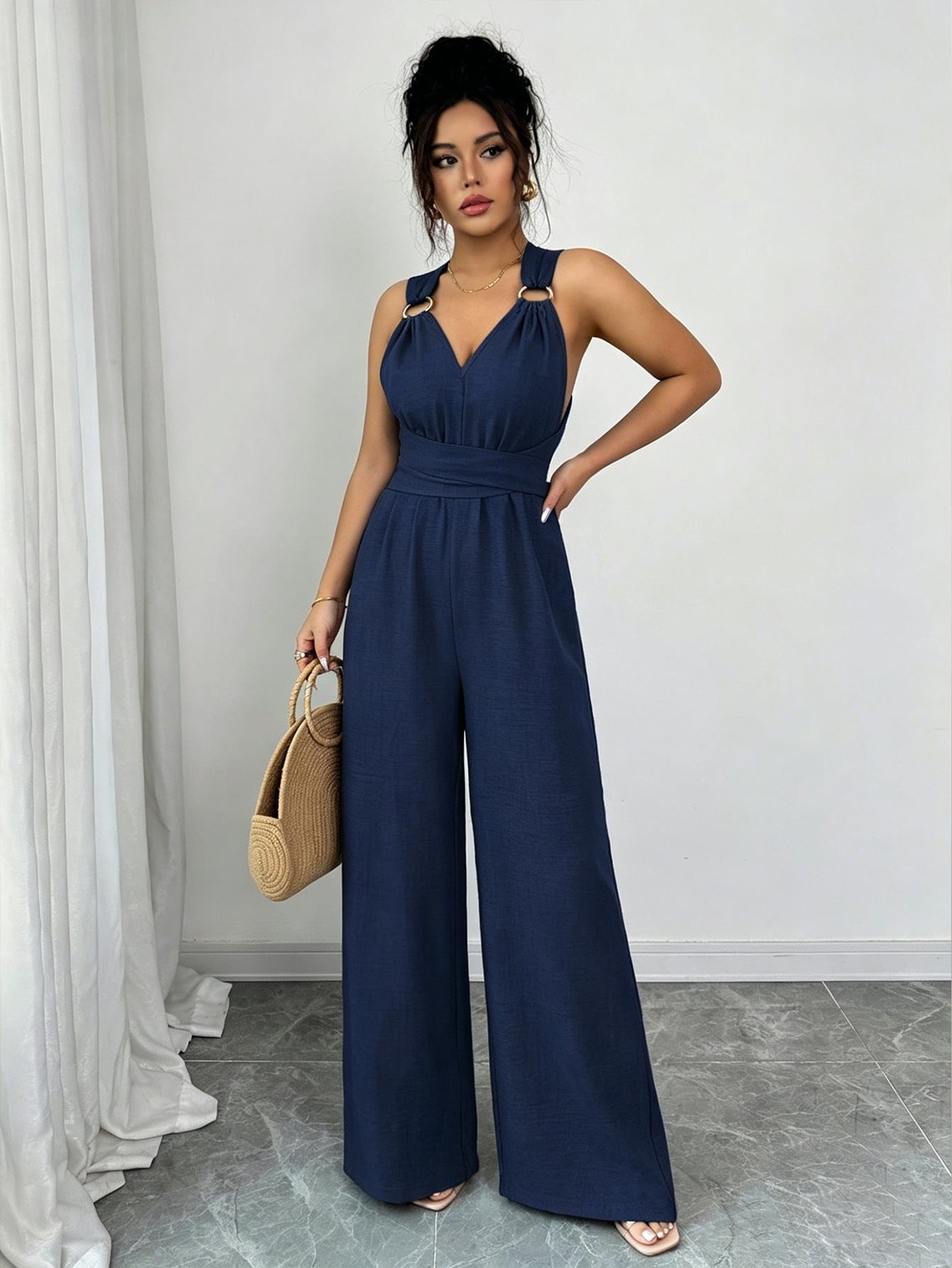 Women Clothing V neck Halter Backless Jumpsuit Waist Controlled Lace up Wide Leg Trousers Office Casual Slimming Jumpsuit