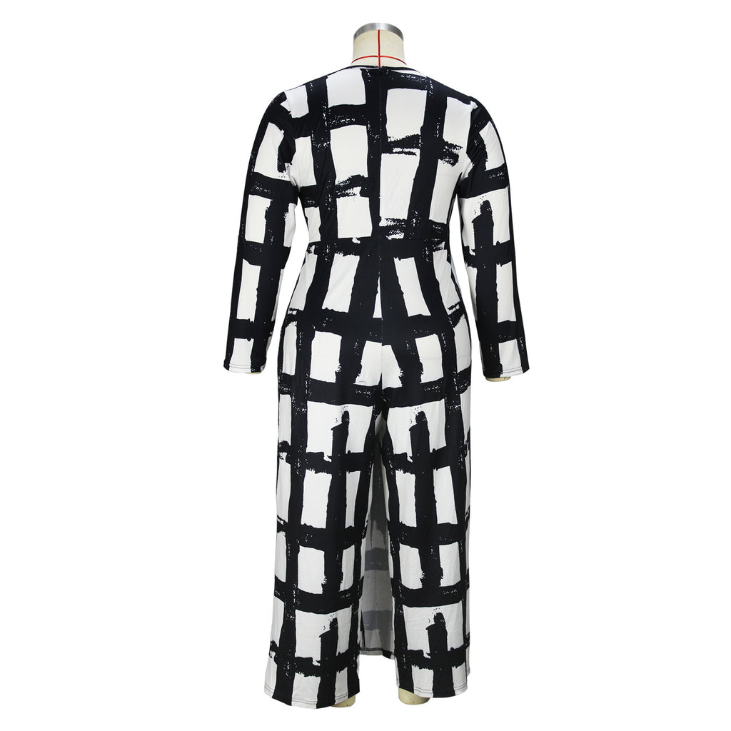 Plus Size Women Clothing V Neck Elements Printed Long Sleeve Loose Jumpsuit