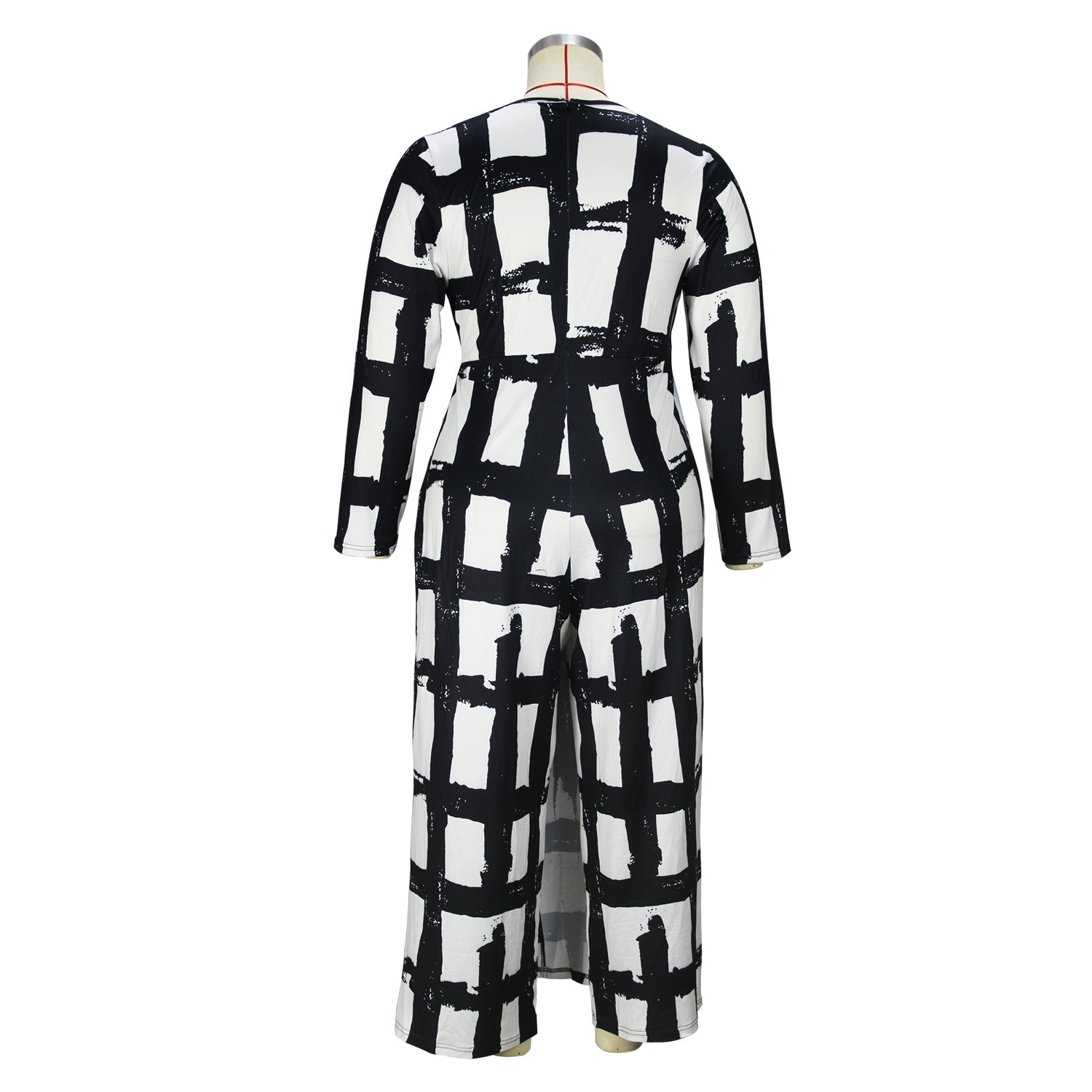 Plus Size Women Clothing V Neck Elements Printed Long Sleeve Loose Jumpsuit