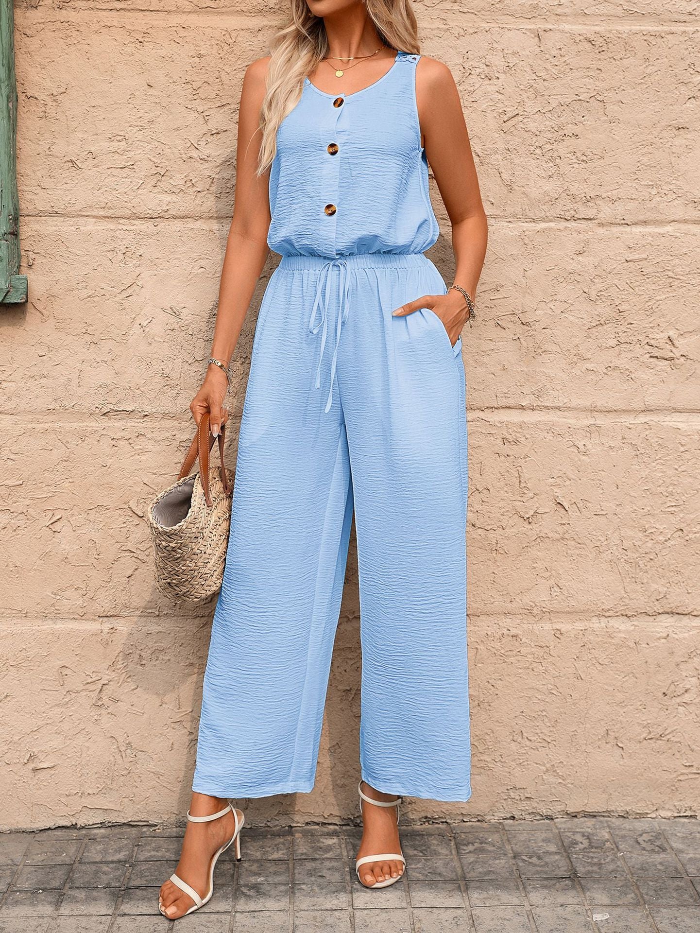 Spring Summer Solid Color Buttons round Neck Elastic Waist Loose Jumpsuit Women