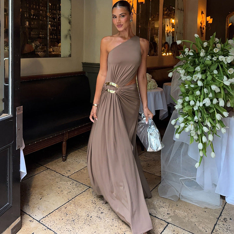 Santiago Sexy Diagonal Collar Cropped Outfit Split Solid Color Sleeveless Dress