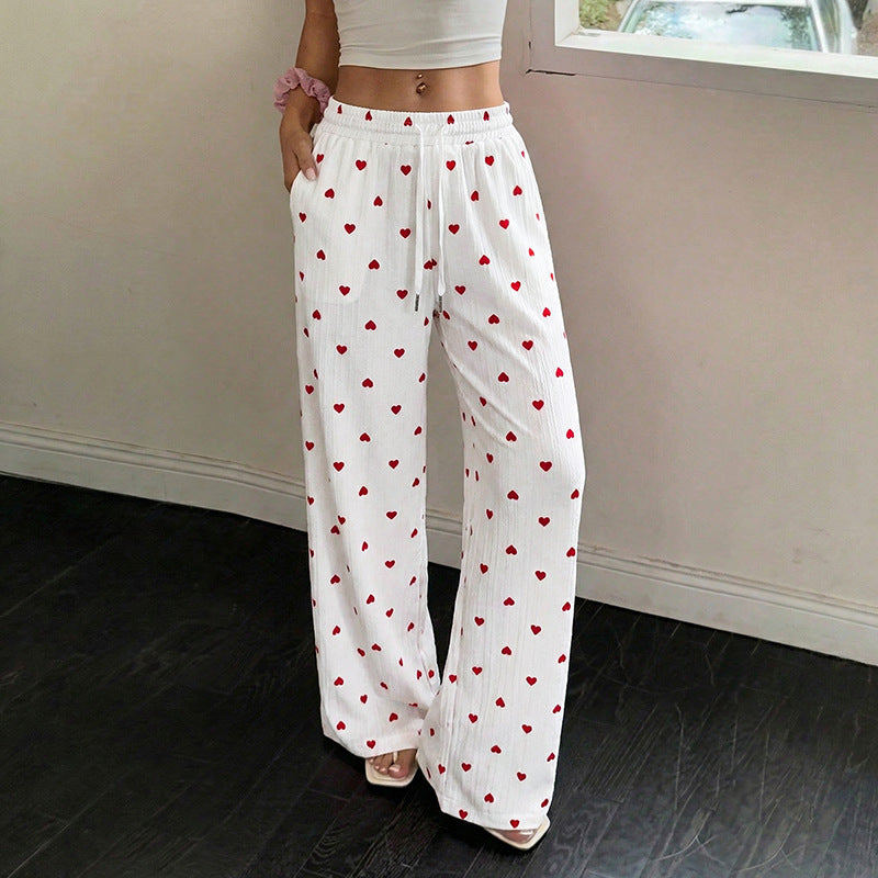 Women Long Pants Straight Lace up Love Pattern Casual Wide Leg Pants Summer